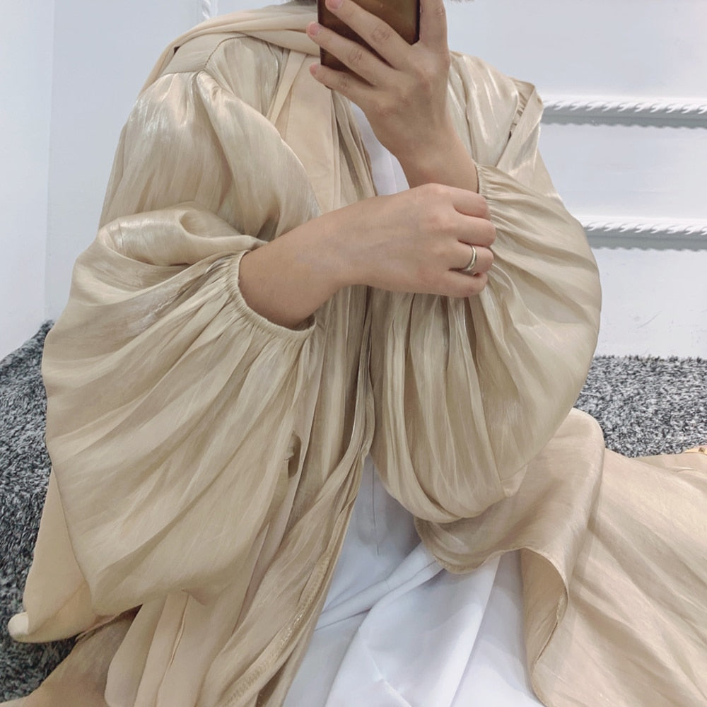 Summer Muslim Women Kimono Open Abaya Dubai Imitated Silk Fabric Arabic Islamic Hijab Dress Turkey Elegance Party Evening Eid