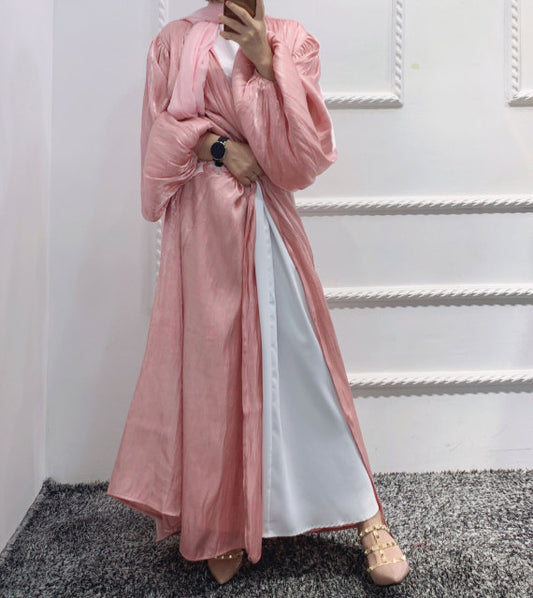 Summer Muslim Women Kimono Open Abaya Dubai Imitated Silk Fabric Arabic Islamic Hijab Dress Turkey Elegance Party Evening Eid