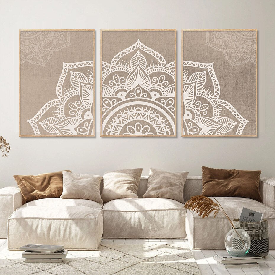 Bohemian Mandala Floral Beige Abstract Posters Canvas Painting Wall Art Print Pictures for Living Room Interior Home Decoration