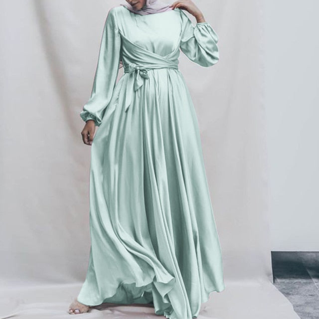 Fashion Muslim Dress Women&amp;#39;s Islamic Sundress 2021 ZANZEA Long Sleeve Satin Vestidos Female Marocain Turkish Maxi Robe Belted