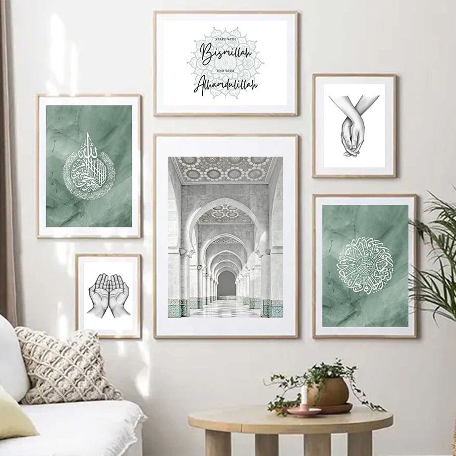 Islamic Ayatul Kursi Green Hassan II Mosque Morocco Nordic Poster Wall Art Print Canvas Painting Decor Pictures For Living Room