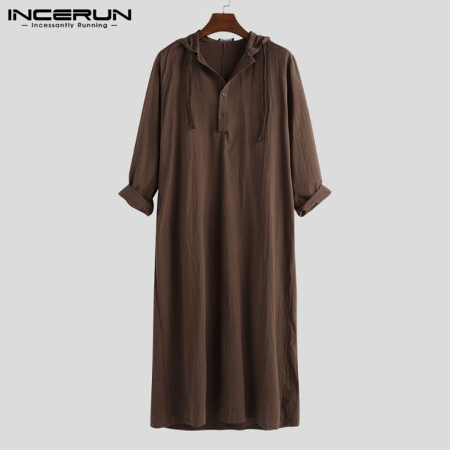 Muslim Robe Hoodies Kaftan Dressing Mens Saudi Arab Dubai Long Sleeve Thobe Arabic Long Islamic Jubba Thobe Man Clothing 2021