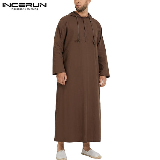 Muslim Robe Hoodies Kaftan Dressing Mens Saudi Arab Dubai Long Sleeve Thobe Arabic Long Islamic Jubba Thobe Man Clothing 2021