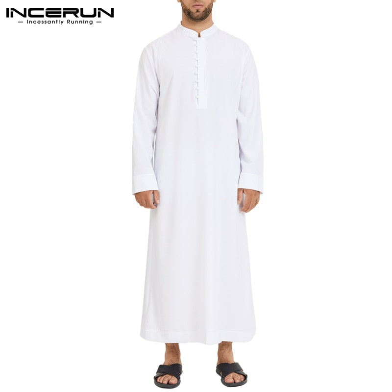 Muslim Men Jubba Thobe Long Sleeve Solid Color Breathable Robes 2021 Stand Collar Islamic Arabic Kaftan Men Abaya S-5XL INCERUN