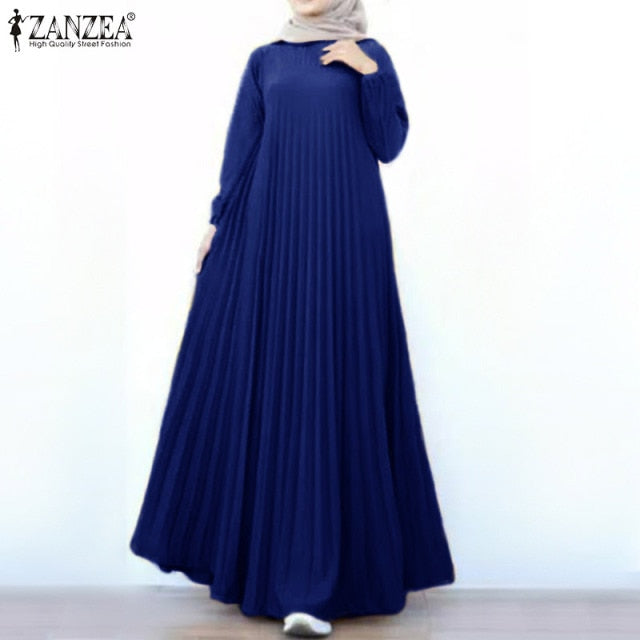 Fashion Abaya Dubai Long Sleeve Maxi Dress Elegant Autumn Muslim Dress ZANZEA Women Solid Pleated Robe Femme Islam Clothing