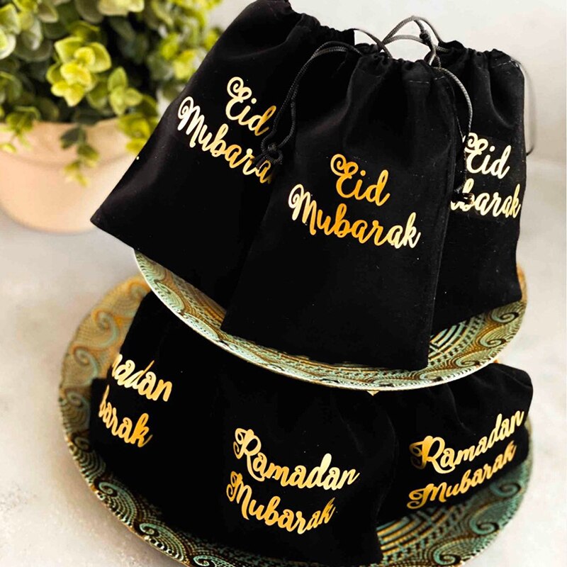 5pcs black Eid Mubarak gift present Treat favor bag happy Ramadan Al Adha Muslim Islamic Kareem Party Dessert table decoration