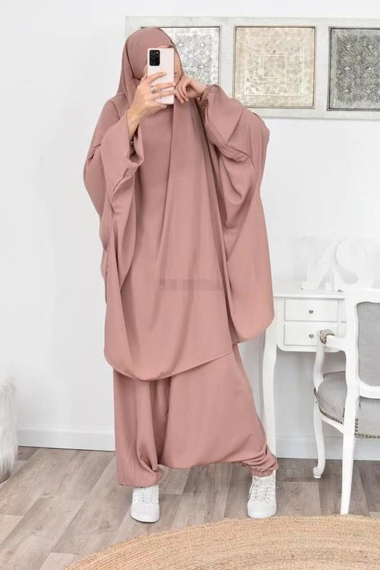 Eid Muslim Women Long Khimar Prayer Garment 2 Piece Set Abaya Dress and Pant Full Cover Islamic Clothing Kaftan Jilbab Djellaba