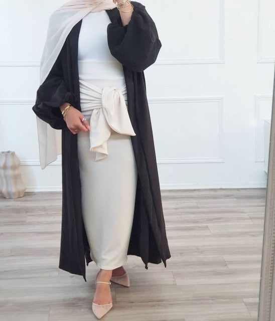 Satin Kimono Abaya Dubai Abayas for Women Muslim Fashion Hijab Dress Balloon Sleeve Islam Clothes Turkey Outfit Cardigan Kaftan