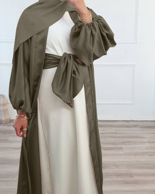 Satin Kimono Abaya Dubai Abayas for Women Muslim Fashion Hijab Dress Balloon Sleeve Islam Clothes Turkey Outfit Cardigan Kaftan
