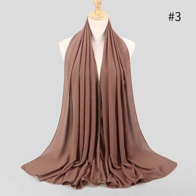 Luxury Diamond Chiffon Scarf Hijab Women Solid Soft Long Muslim Scarves Islam Wraps Head Scarf Turkish Turban Shawl Headscarves