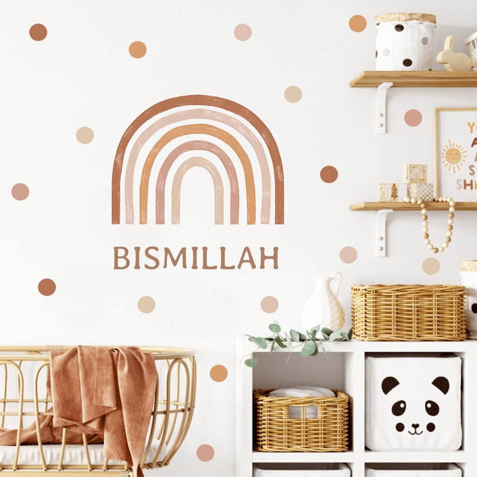 Bismillah Islamic Boho Pink Blue Rainbows Dots Wall Decals Nursery Girls Boys Bedroom Art Sticker Mural Posters Home Decoration