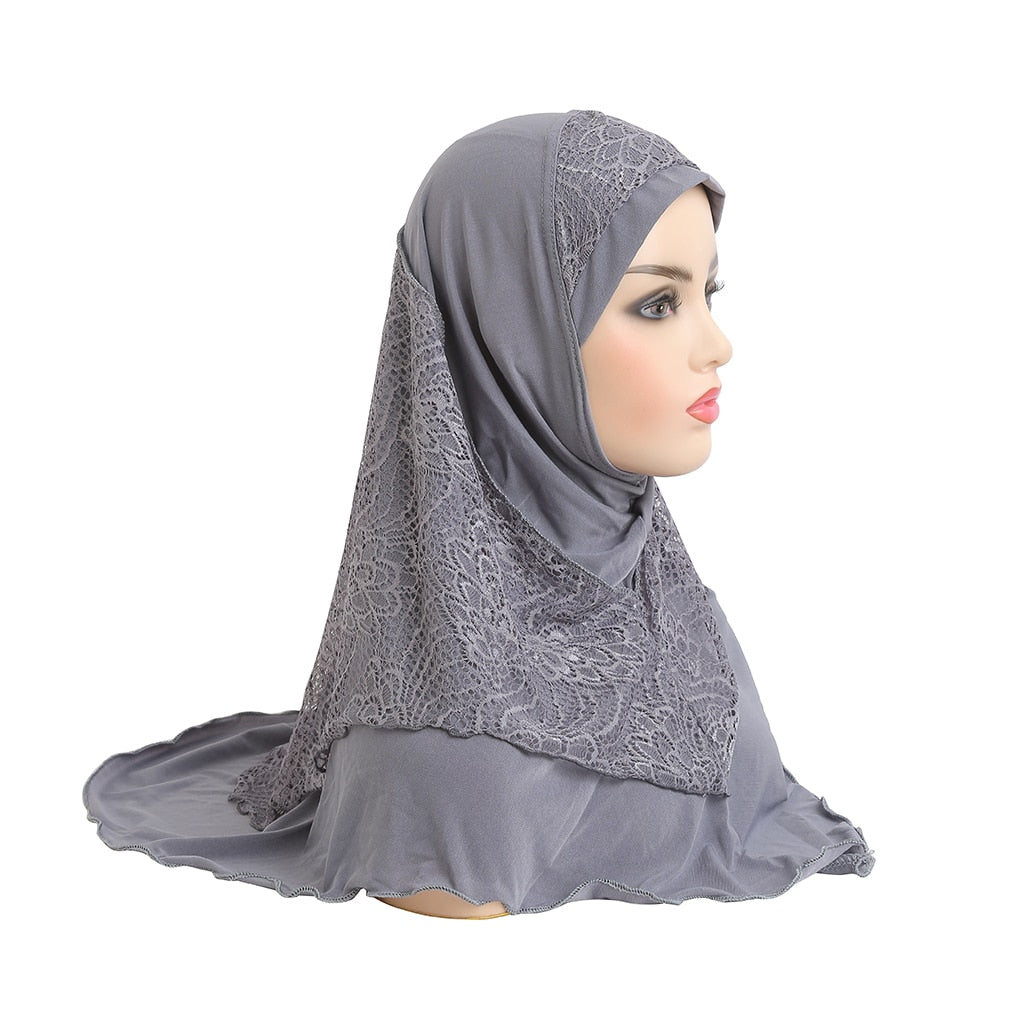 H126 High Quality Medium Size 70*60cm Muslim Amira Hijab With Lace Pull On Islam Scarf Headwrap Pray Hatshawl Women&#39;s Headband