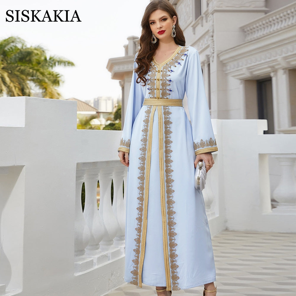 Siskakia Hand-Stitched Diamond Abaya Dress Light Blue Ribbon V Neck Long Sleeve Fake Two-Piece Women Clothes Spring Travel 2022