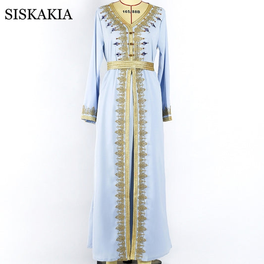 Siskakia Hand-Stitched Diamond Abaya Dress Light Blue Ribbon V Neck Long Sleeve Fake Two-Piece Women Clothes Spring Travel 2022