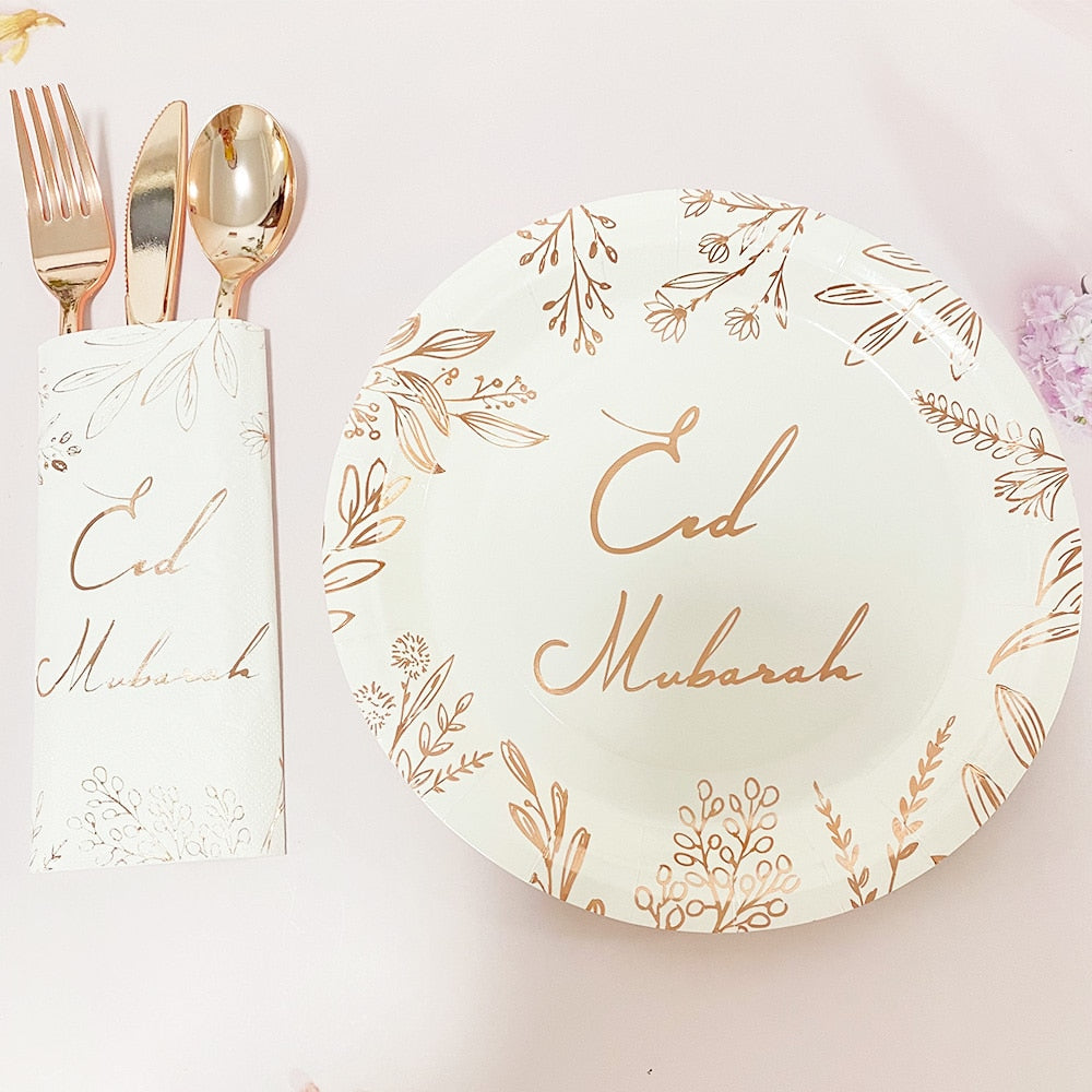 Rose Gold Eid Mubarak Disposable Tableware Paper Plates Cups Napkins Banner Ramadan Kareem Islam Party Eid Al-Fitr Home Supplies