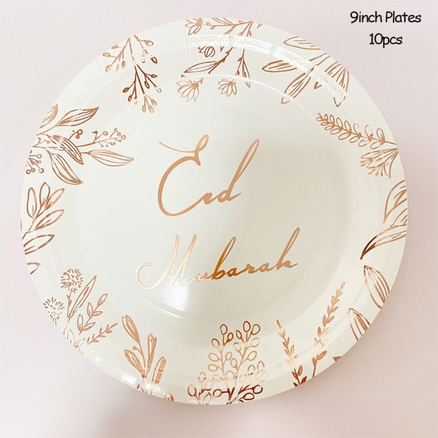 Rose Gold Eid Mubarak Disposable Tableware Paper Plates Cups Napkins Banner Ramadan Kareem Islam Party Eid Al-Fitr Home Supplies