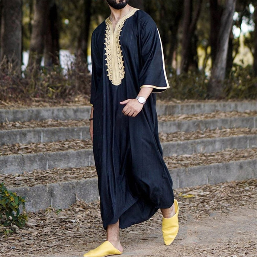 Eid Ramadan Muslim Fashion Men Robe Sets 2022 Summer New V-neck Abaya Dubai Modern Casual Loose Solid Color Islamic Clothing